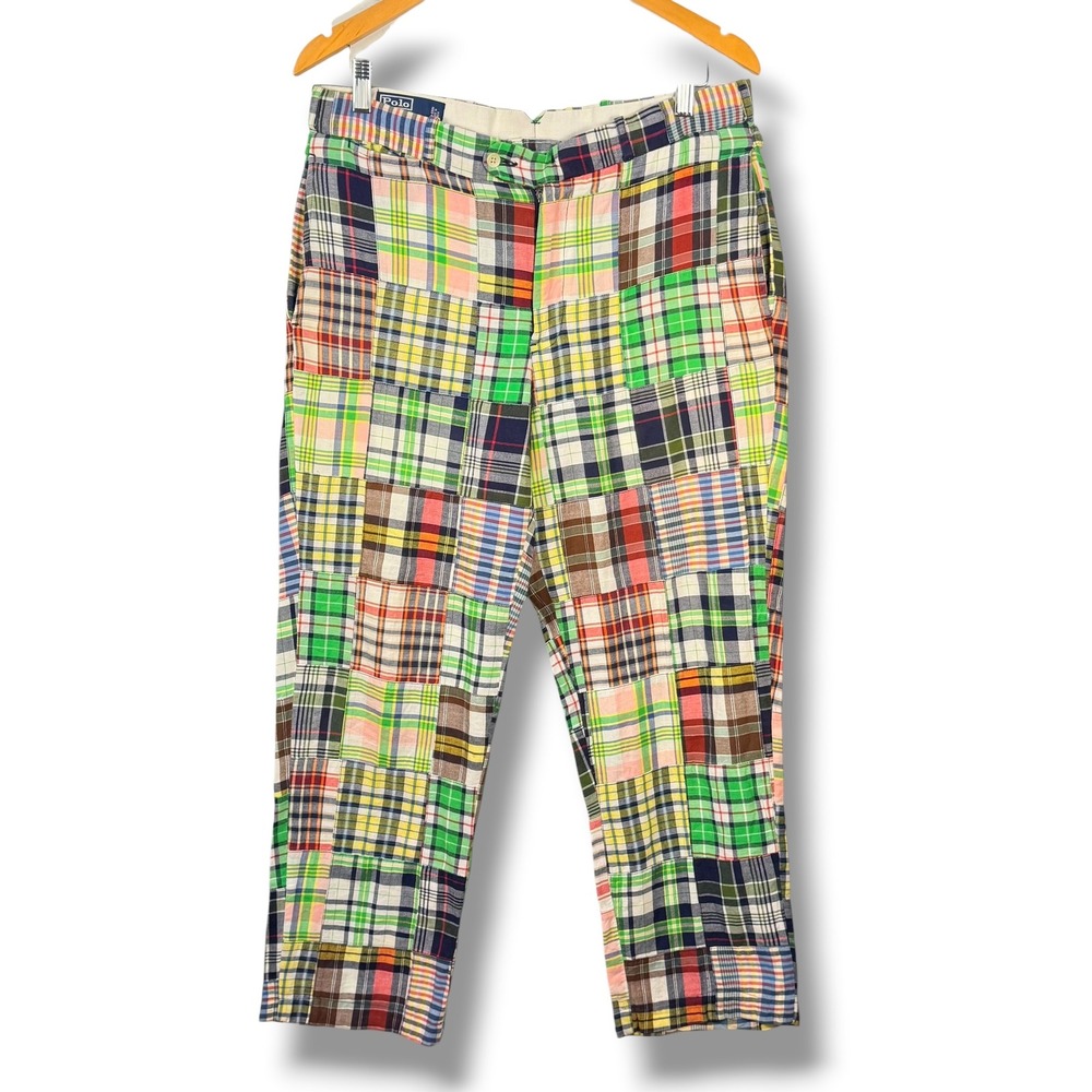 Vintage Polo Ralph Lauren Madras Patchwork Pants Mens 33 Multicolor Plaid Preppy - Picture 3 of 16